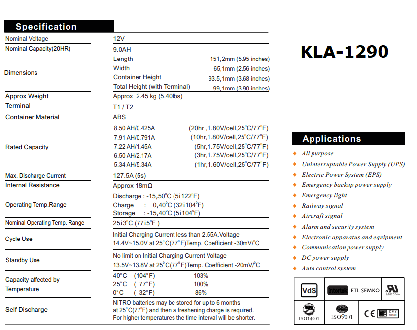 LEAD ACID BATTERY 12V 9Afh