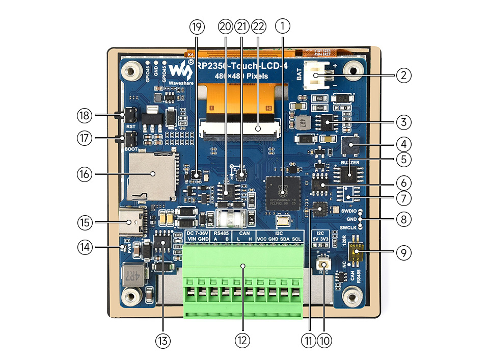 RP2350 4inch Display Development Board, onboard components