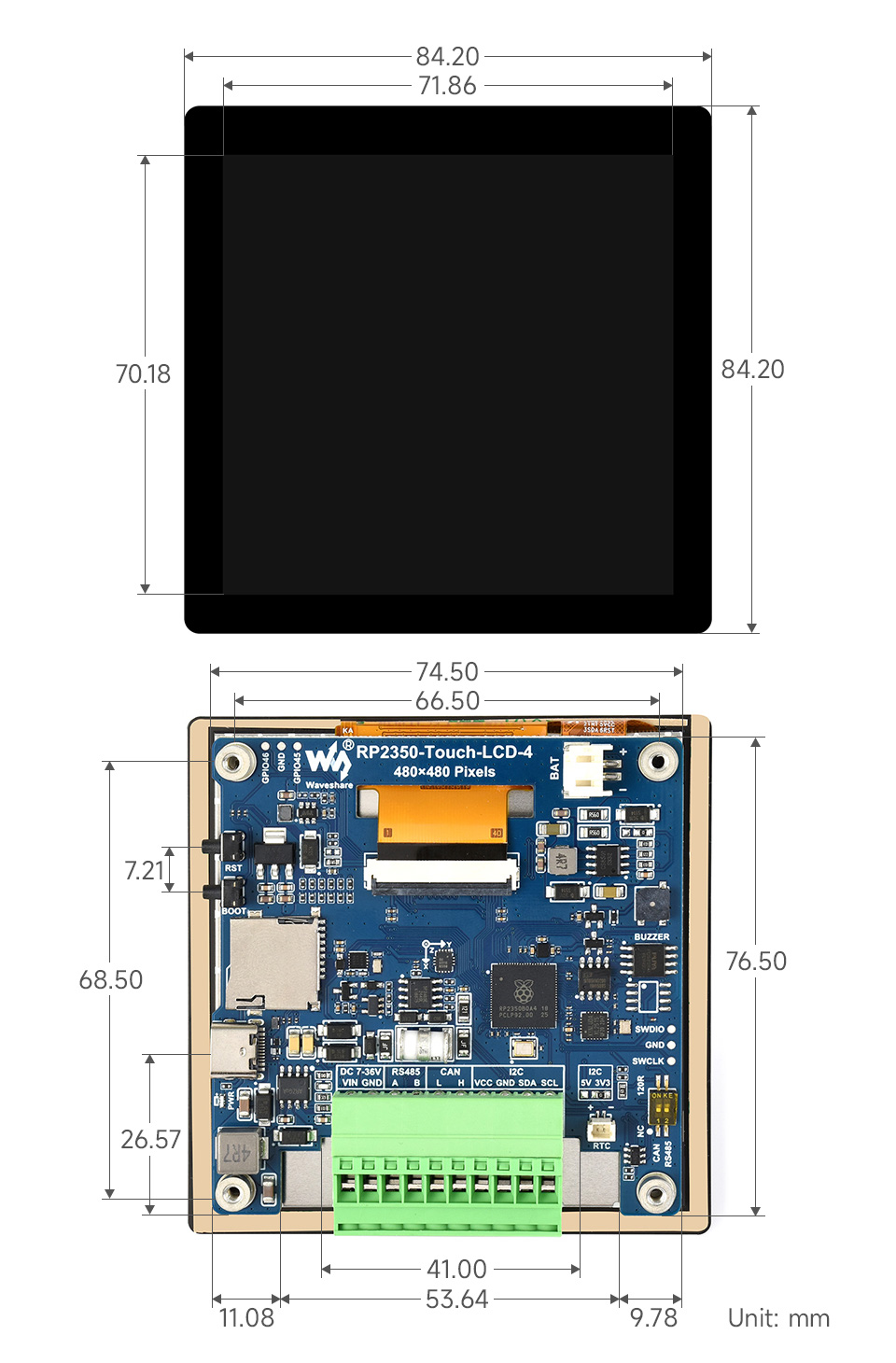 RP2350 4inch Display Development Board, outline dimensions