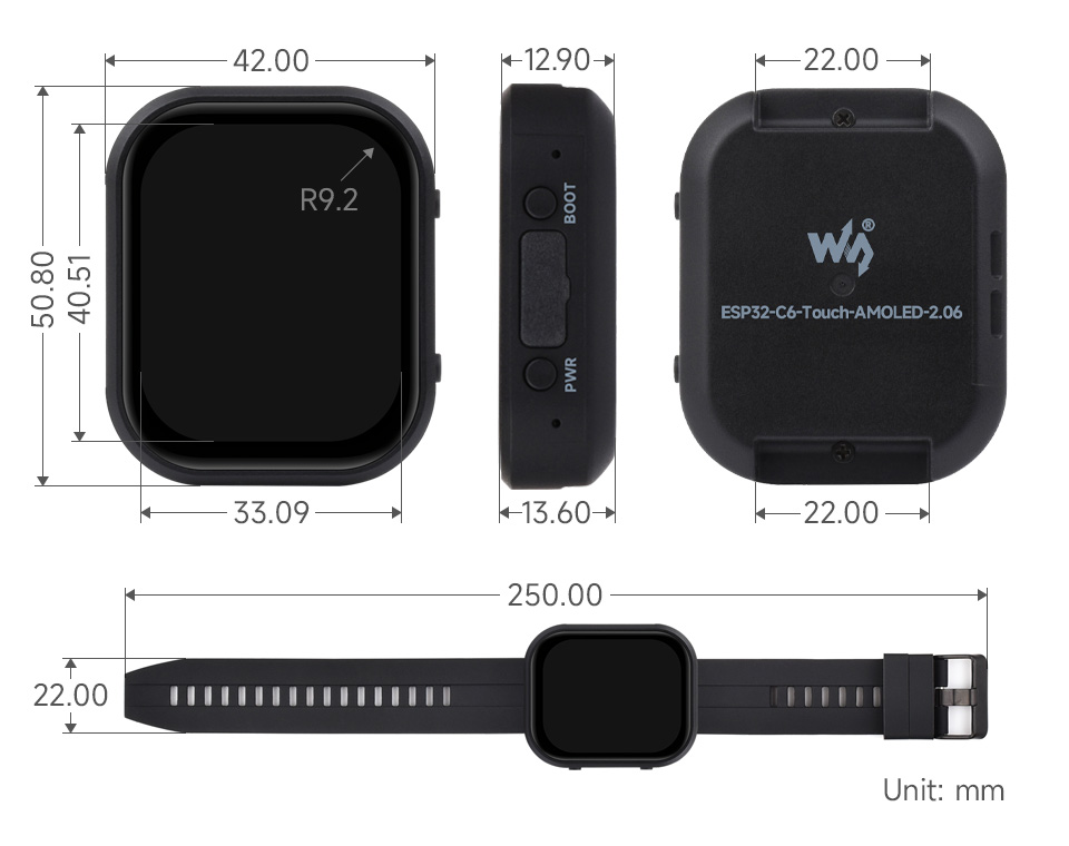 ESP32-C6 2.06inch touch display development board, outline dimensions