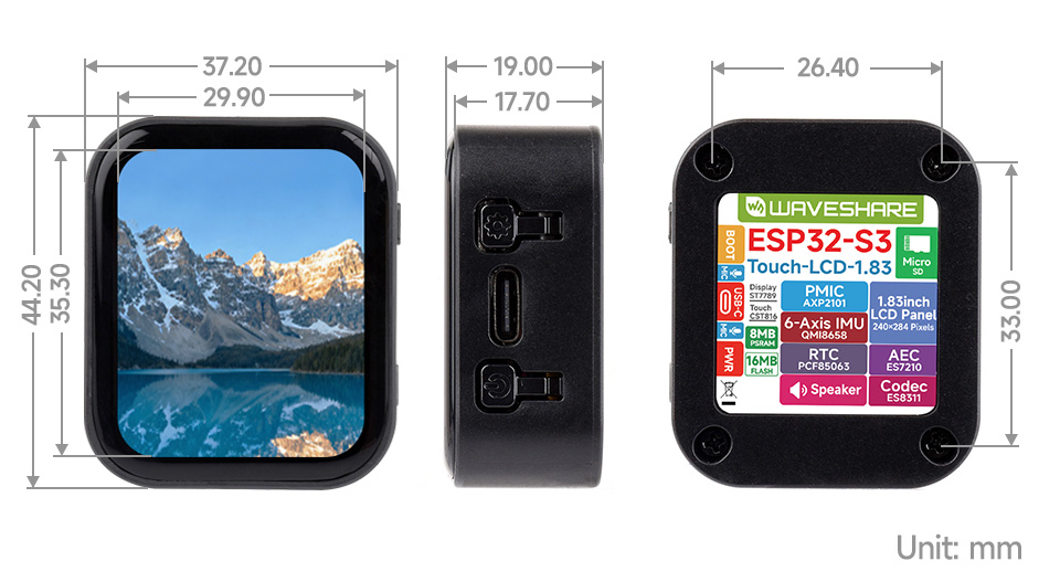 ESP32-S3 Touch LCD 1.83 Outline Dimensions
