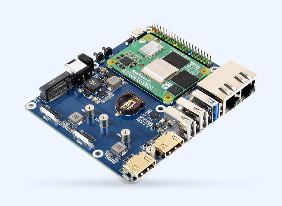Designed for Raspberry Pi Compute Module 5 boards, front view