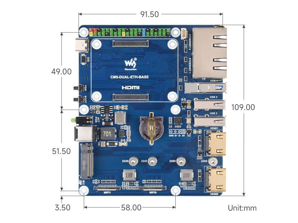1G / 2.5G Dual Ethernet Base Board designed for CM 5, outline dimensions