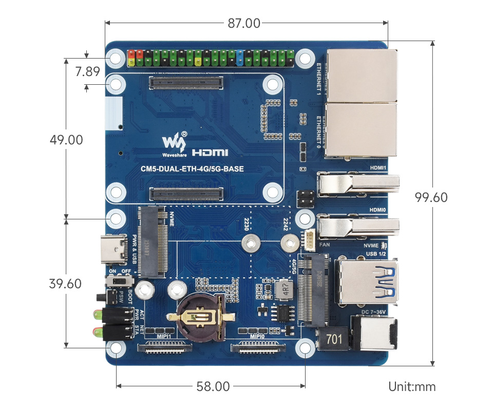 Dual Ethernet Base Board designed for CM 5, outline dimensions