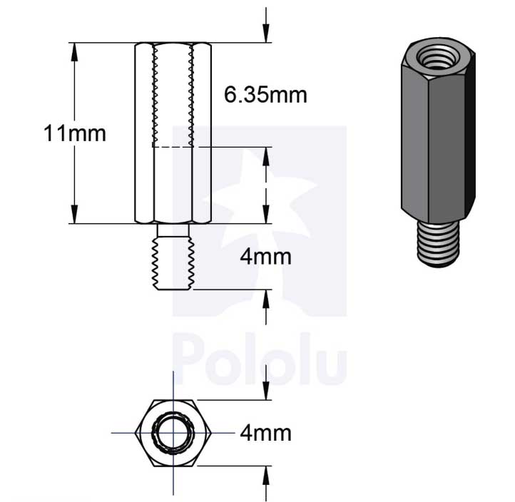 2713 Entretoise Aluminium pour Raspberry Pi: 11mm Longueur, 4mm M2.5 Fil,  M-F (4-Paquet)