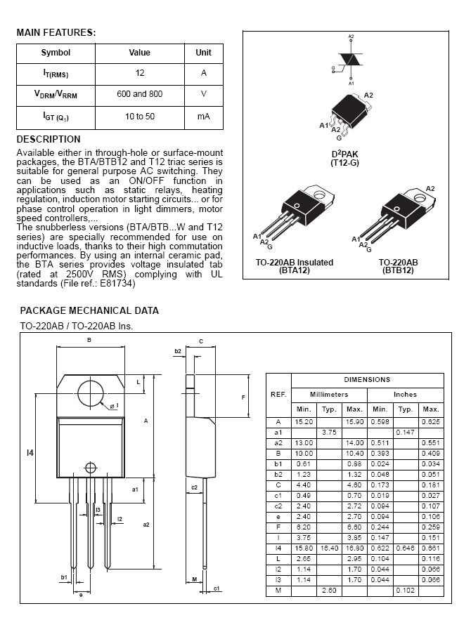 Bta12 600b схема подключения