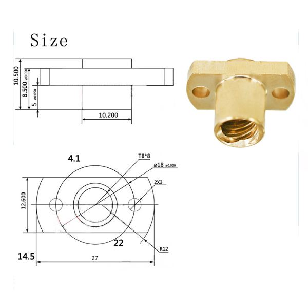 3d S 007a 8mm Brass Flange Nut For T8 Acme Lead Screw