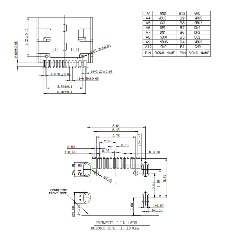 Micro USB-C SMD 16P female socket, DIP4 Mtg. Pins